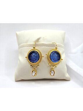 Gold-Plated Hook Earrings With Blue Acrylic Discs & Faux Pearl Danglers